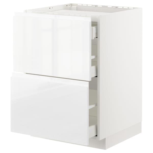 METOD / MAXIMERA - Base cab f hob/2 fronts/3 drawers, white/Voxtorp high-gloss/white, 60x60 cm - best price from Maltashopper.com 19253950