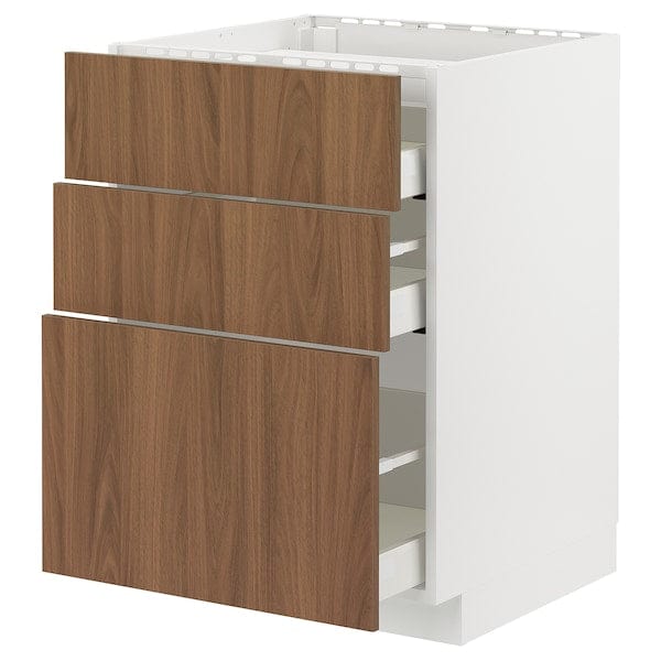 Ikea METOD / MAXIMERA - Base cab f hob/3 fronts/3 drawers, white/Tistorp brown walnut effect, 60x60 cm