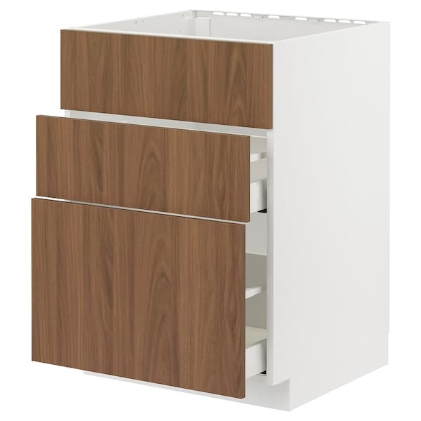 Ikea METOD / MAXIMERA - Base cab f hob/int extractor w drw, white/Tistorp brown walnut effect, 60x60 cm