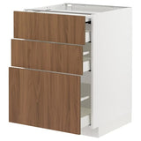 METOD / MAXIMERA bc w pull-out work surface/3drw, white/Tistorp brown walnut effect, 60x60 cm