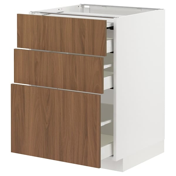 Ikea METOD / MAXIMERA - Bc w pull-out work surface/3drw, white/Tistorp brown walnut effect, 60x60 cm