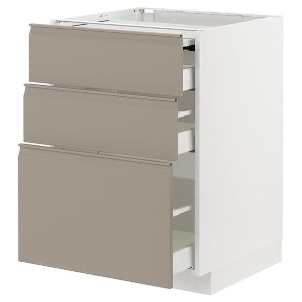 Ikea METOD / MAXIMERA - Bc w pull-out work surface/3drw, white/Upplöv matt dark beige, 60x60 cm