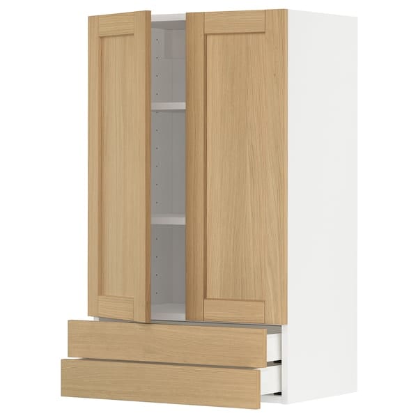 Ikea METOD / MAXIMERA - Wall cabinet w 2 doors/2 drawers, white/Forsbacka oak, 60x100 cm