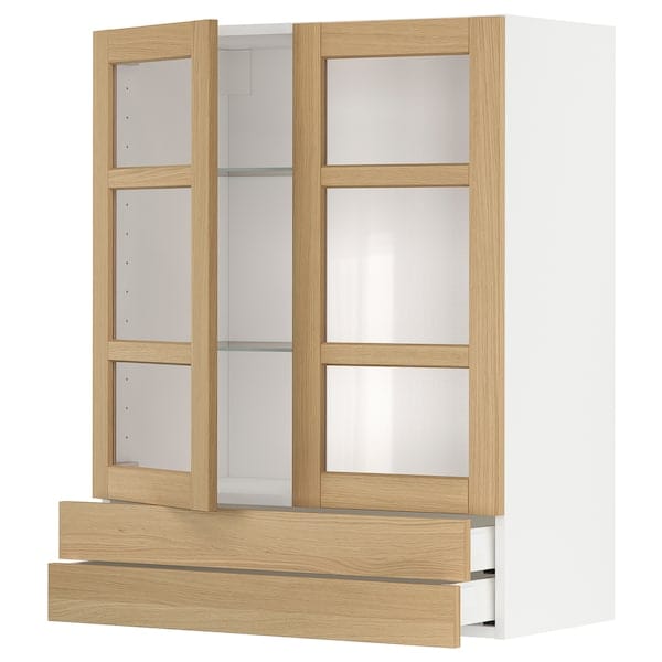 Ikea METOD / MAXIMERA - Wall cab w 2 glass doors/2 drawers, white/Forsbacka oak, 80x100 cm