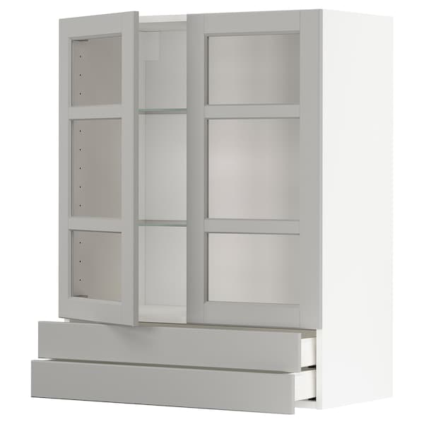 Ikea METOD / MAXIMERA - Wall cab w 2 glass doors/2 drawers, white/Lerhyttan light grey, 80x100 cm