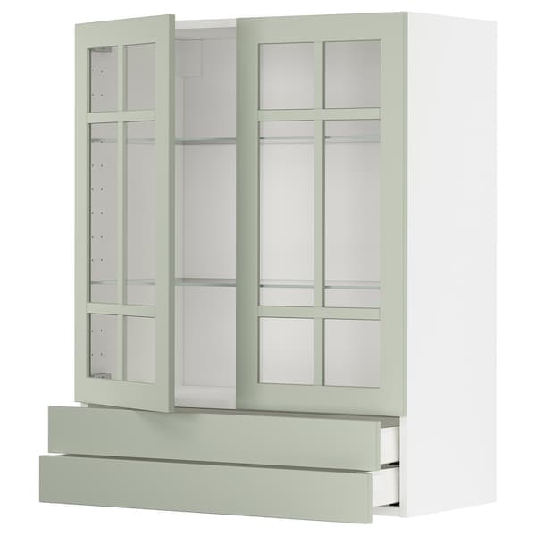 Ikea METOD / MAXIMERA - Wall cab w 2 glass doors/2 drawers, white/Stensund light green, 80x100 cm