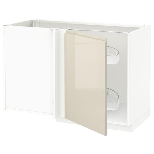METOD - Corner base cab w pull-out fitting, white/Voxtorp high-gloss light beige, 128x68 cm