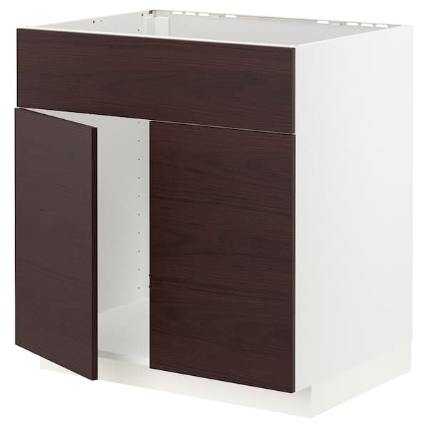 METOD - Base cabinet f sink w 2 doors/front, white Askersund/dark brown ash effect, 80x60 cm - best price from Maltashopper.com 09468404