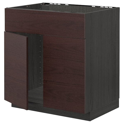 METOD - Base cabinet f sink w 2 doors/front, black Askersund/dark brown ash effect, 80x60 cm