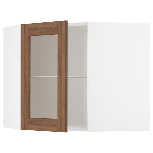 Ikea METOD - Corner wall cab w shelves/glass dr, white Enköping/brown walnut effect, 68x60 cm
