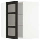 METOD corner wall cab w shelves/glass dr, white/Lerhyttan black stained, 68x80 cm