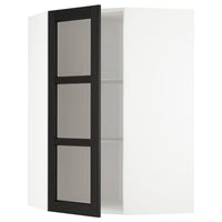 METOD corner wall cab w shelves/glass dr, white/Lerhyttan black stained, 68x100 cm