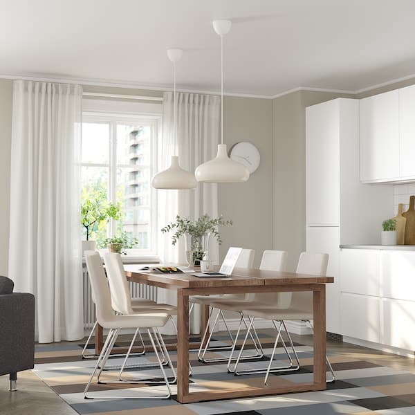 Ikea MÖRBYLÅNGA / LILLÅNÄS - Table and 6 chairs, stained oak veneer brown/chrome Gunnared beige, 220x100 cm