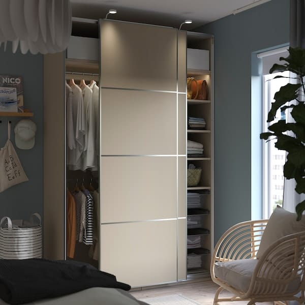 Ikea PAX / MEHAMN - Wardrobe with sliding doors, grey-beige/double sided grey-beige, 150x66x236 cm