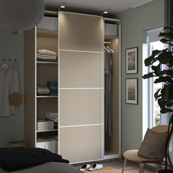 Ikea PAX / MEHAMN - Wardrobe with sliding doors, grey-beige/double sided grey-beige, 150x66x236 cm