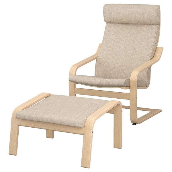POÄNG Armchair and footrest - white mord oak veneer/Hillared beige , - best price from Maltashopper.com 49484275