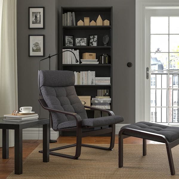 Ikea POÄNG - Armchair and footstool, brown-black/Gunnared grey ,