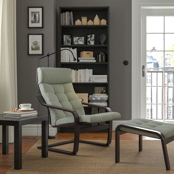 Ikea POÄNG - Armchair and footstool, brown-black/Gunnared light green ,