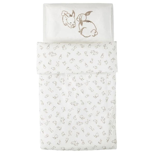 Ikea RÖDHAKE - Duvet cover 1 pillowcase for cot, rabbit pattern/white/beige, 110x125/35x55 cm
