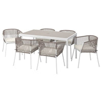 SEGERÖN table+6 chairs w armrests, outdoor, white/beige/Frösön/Duvholmen beige, 147 cm