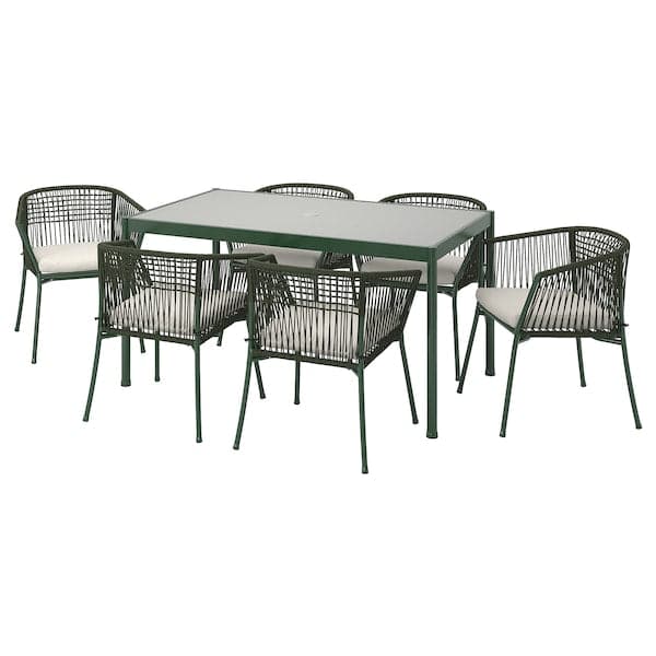 SEGERÖN - Table+6 chairs armrests, garden, dark green/Frösön/Duvholmen beige, 147 cm - best price from Maltashopper.com 89494847