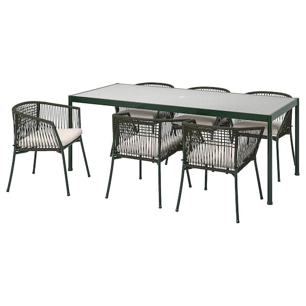 SEGERÖN - Table+6 chairs armrests, garden, dark green/Frösön/Duvholmen beige, 212 cm - best price from Maltashopper.com 89509066