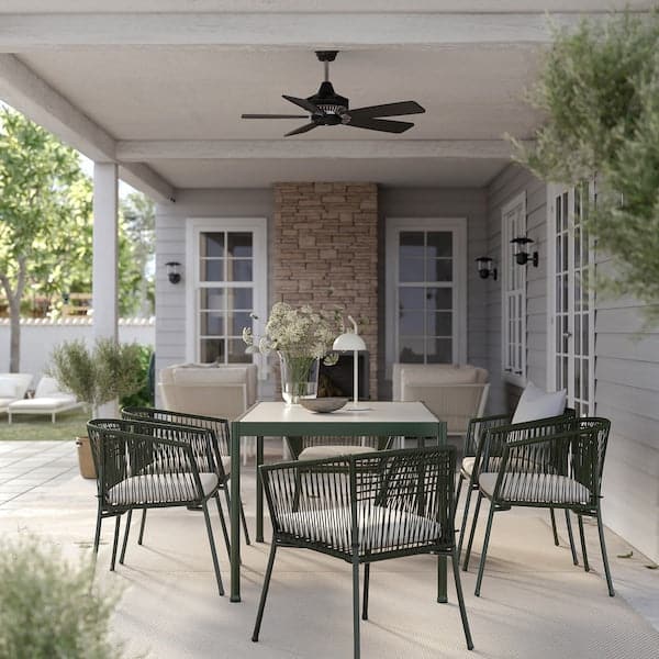 SEGERÖN - Table+6 chairs armrests, garden, dark green/Frösön/Duvholmen beige, 147 cm - best price from Maltashopper.com 89494847