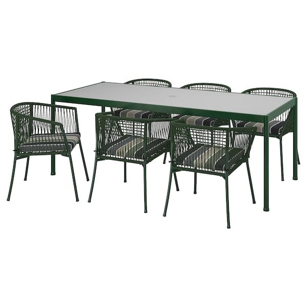 Ikea SEGERÖN - Table+6 chairs armrests, garden, dark green/Frösön/Duvholmen striped pattern,212 cm