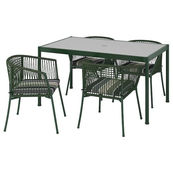 Ikea SEGERÖN - Table and 4 chairs with armrests, outdoor dark green/Frösön/Duvholmen striped pattern,147 cm