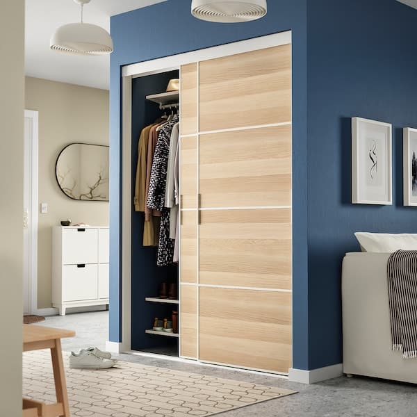 Ikea SKYTTA / MEHAMN - Sliding door combination, white/double sided white stained oak effect, 152x205 cm