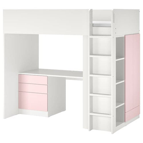 SMÅSTAD - Loft bed, white pale pink/with desk with 2 shelves, 90x200 cm