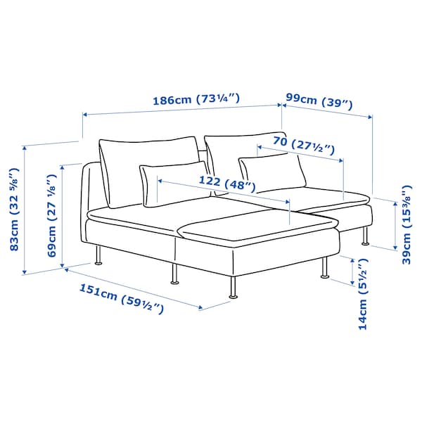 Ikea SÖDERHAMN - 2-seater sofa with chaise-longue and armrest/Hillared anthracite ,