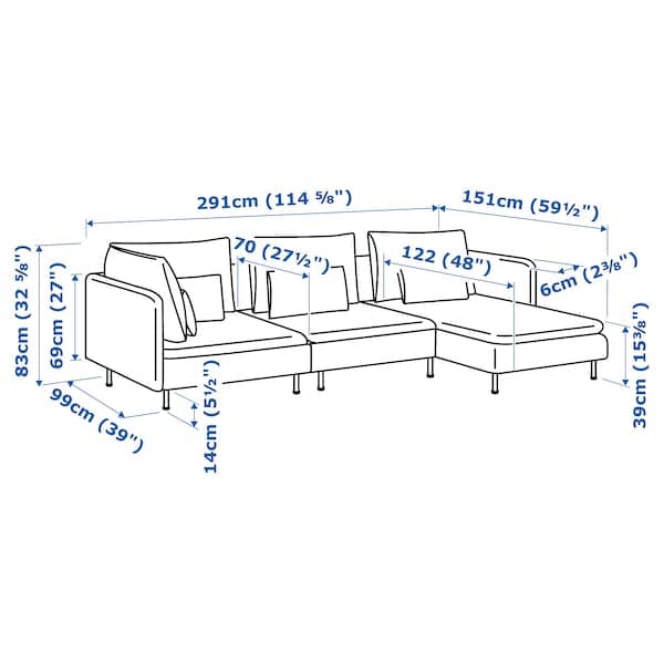 Ikea SÖDERHAMN - 4-seater sofa with chaise-longue, Tallmyra smoke grey ,