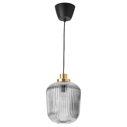 SOLKLINT - Pendant lamp, brass/grey clear glass, 22 cm