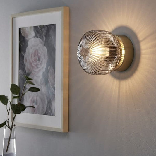 SOLKLINT - Wall lamp, wired-in installation, brass/grey clear glass - best price from Maltashopper.com 30472022