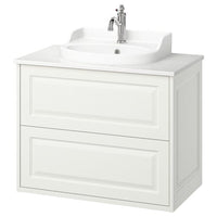 TÄNNFORSEN / RUTSJÖN wash-stnd w drawers/wash-basin/tap, white/white marble effect, 82x49x76 cm