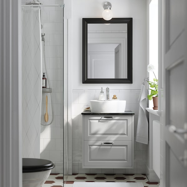 TÄNNFORSEN / TÖRNVIKEN - Washbasin/drawer/misc cabinet, light grey/black marble effect,62x49x79 cm - best price from Maltashopper.com 49521560
