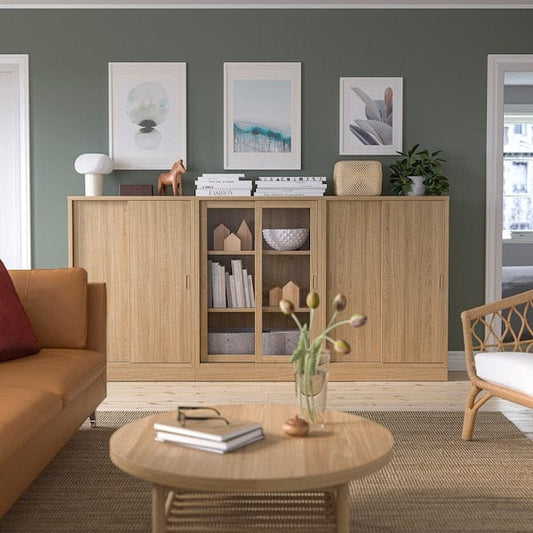 Ikea TONSTAD - Storage combination w sliding doors, oak veneer/clear glass, 245x37x120 cm