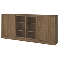 TONSTAD storage combination w sliding doors, brown stained oak veneer/clear glass, 284x37x120 cm