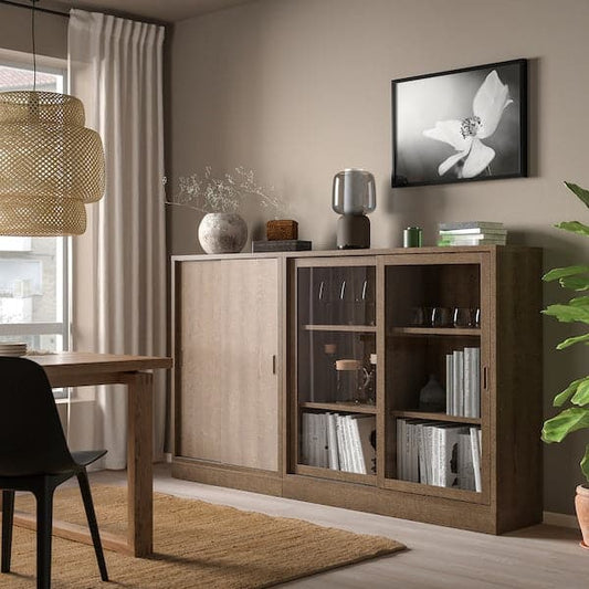 Ikea TONSTAD - Storage combination w sliding doors, brown stained oak veneer/clear glass, 202x37x120 cm
