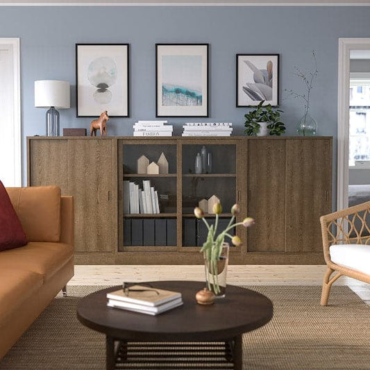 Ikea TONSTAD - Storage combination w sliding doors, brown stained oak veneer/clear glass, 284x37x120 cm