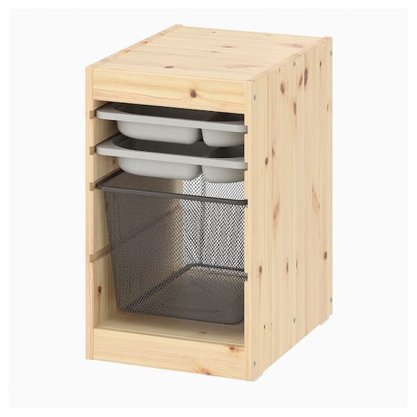 TROFAST - Storage combination with box/trays, light white stained pine  grey/dark grey, 32x44x52 cm