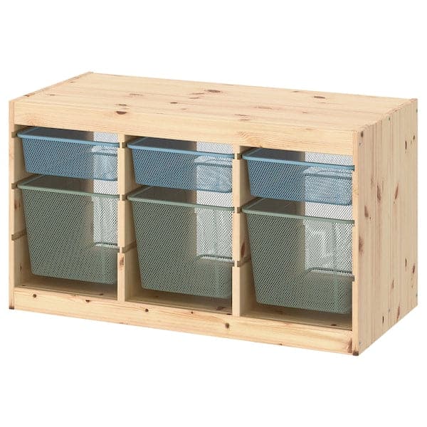 Ikea TROFAST - Storage combination with boxes, light white stained pine grey-blue/light green-grey, 93x44x52 cm