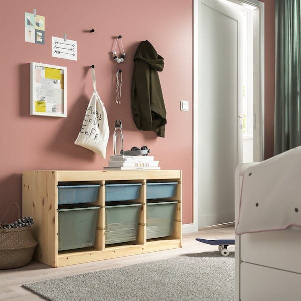 Ikea TROFAST - Storage combination with boxes, light white stained pine grey-blue/light green-grey, 93x44x52 cm