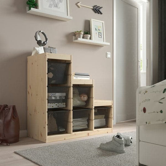 TROFAST - Storage combination with boxes, light white stained pine/dark grey, 94x44x91 cm - best price from Maltashopper.com 39477973