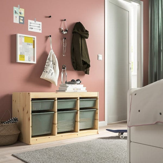 Ikea TROFAST - Storage combination with boxes, light white stained pine/light green-grey, 93x44x52 cm