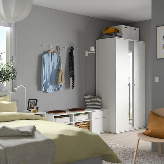 Ikea VIHALS - Wardrobe and bench combination, white/mirror glass, 251x57x200 cm