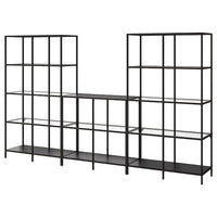 VITTSJÖ storage combination, black-brown/glass, 300x36x175 cm