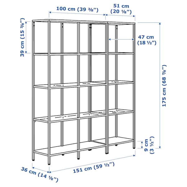 Ikea VITTSJÖ - Sectional shelf unit, white/glass, 151x36x175 cm