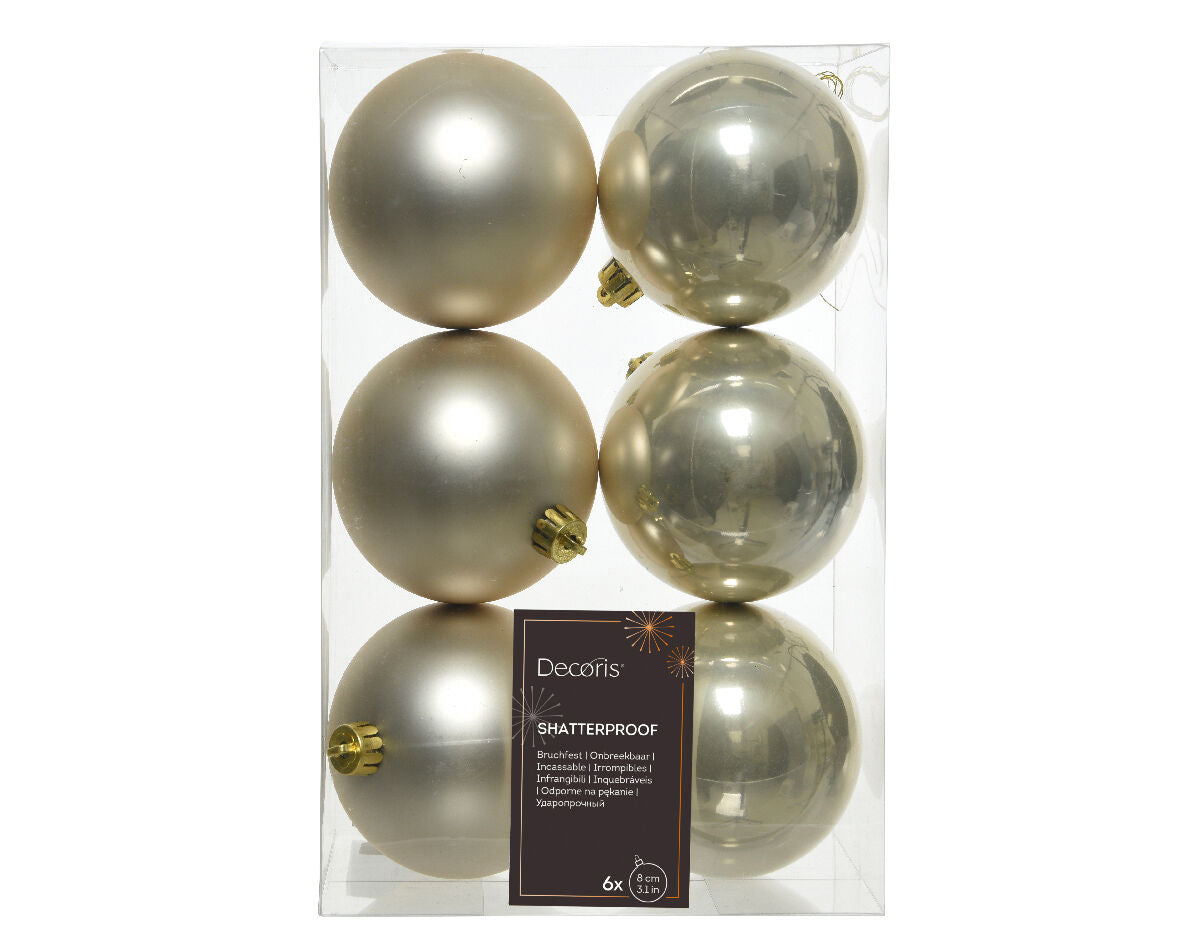 Set of 6 plastic pearl Christmas baubles, 8 cm in diameter (